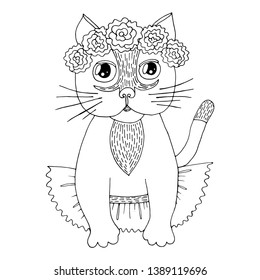 Cartoon cat with flower on the head for coloring book or pages. Sweet cat with flower.