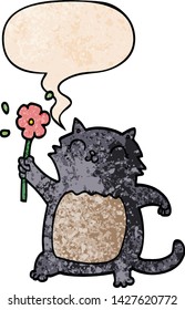 cartoon cat with flower with speech bubble in retro texture style