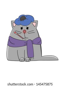 cartoon cat with flu vector illustration