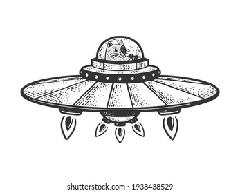 Cartoon cat fly on UFO flying saucer spaceship sketch engraving vector illustration. T-shirt apparel print design. Scratch board imitation. Black and white hand drawn image.