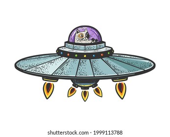 Cartoon cat fly on UFO flying saucer spaceship color line art sketch engraving vector illustration. T-shirt apparel print design. Scratch board imitation. Black and white hand drawn image.