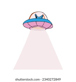 Cartoon cat fly on UFO flying saucer spaceship. T-shirt apparel print design. vector illustration.