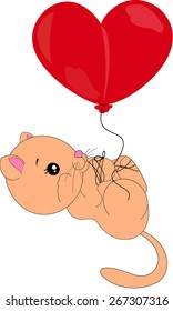 Cartoon cat fly with red heart balloon