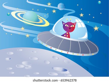 A cartoon cat flying in a flying saucer in outer space