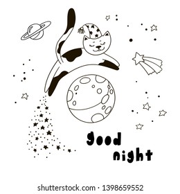 Cartoon cat flying in the sky. Childish poster. Black and white vector illustration with cute kitty and starry night.