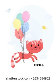 Cartoon cat flying in the sky on a balloon. Cute cat flying on balloons in flat style. Vector graphics.