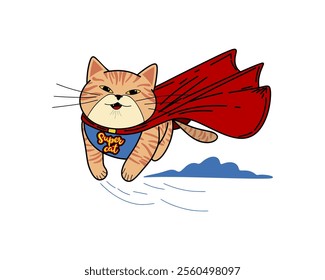 Cartoon Cat Flying with a Superhero Cape for an Exciting Adventure Theme Illustration. Vector illustration