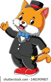  Cartoon cat in full suit holding magician stick