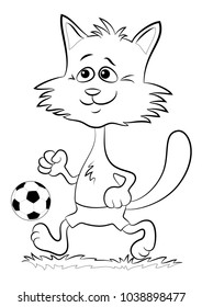 Cartoon Cat, Funny Pet, Smiling and Walking with a Soccer Ball, Black Contour Illustration Isolated on White Background. Vector