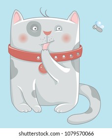 Cartoon cat - funny vector illustration for cartoon print. T-shirt graphics for kids.