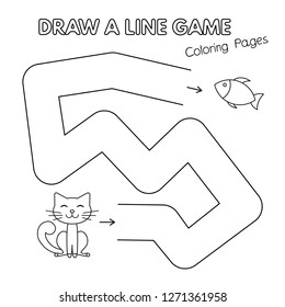 Cartoon cat game for small children - draw a line. Vector coloring book pages for kids
