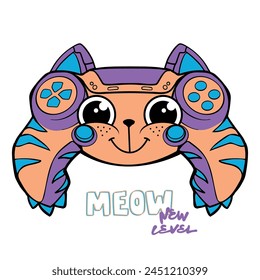 Cartoon cat gamepad illustration. Cute kitten joystick print. Game pad print. Smiling cat gamepad print with smiling and horn, text New level, MEOW