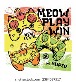 Cartoon cat gamepad illustration on grains textured background and text Meow Play Win. Cats gamepad