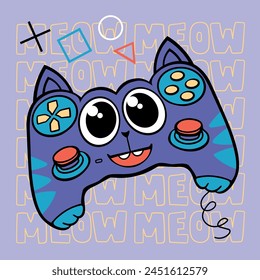 Cartoon cat gamepad illustration with text MEOW on purple background. Cute kitten joystick print. Game pad print. Smiling cat gamepad print