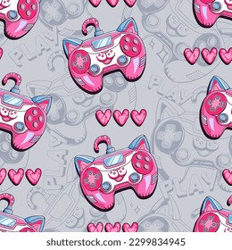 Cartoon cat Gamepad seamless pattern. Linear illustration of game pad. Gaming repeat print for sport textile, child clothes, wrapping paper. Gamer ornament. Cat robot face. Hearts and cats ears.