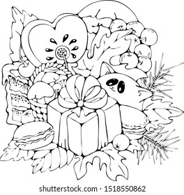 Cartoon cat with gift box, cute vector doodle stock illustration, coloring book page, cheerful autumn party celebration, greeting / invitation card print, black outlines on white background