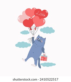 Un gato de dibujos animados con una caja de regalo vuela sobre globos en forma de corazón. Gatito feliz. Inscripción, la palabra amor. Diseño de tarjetas para bodas, cumpleaños, Día de San Valentín. Ilustración vectorial.