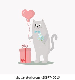 Cartoon cat with gift box and heart shaped balloon. Cute kitten icon with a gift in a box. Postcard for Valentine's Day, Birthday. Vector illustration with isolated background.