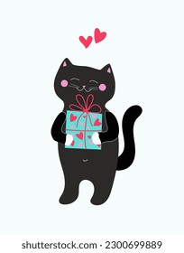 Cartoon cat with a gift and hearts. Cute kitten and gift boxes. Gifts in festive packaging. Postcard design. Vector illustration.