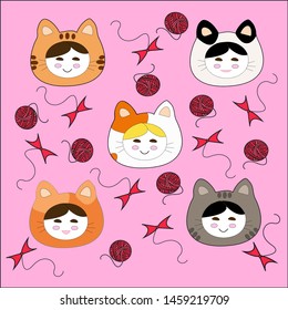 Cartoon cat girl faces. Neko girl in animal costumes set. Vector illustration for wallpaper, packaging, fabric at pink background.