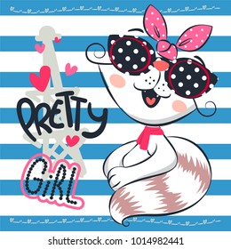 Cartoon cat girl smiling wearing sunglasses and pink bow headband in paris on striped background illustration vector.