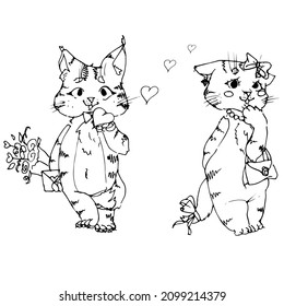 
Cartoon cat gives a heart to the cat. Vector illustration, line drawing.