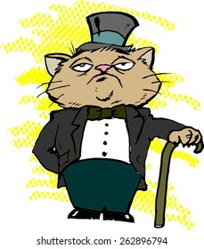 cartoon cat with glasses and costume, suit illustration for t-shirts