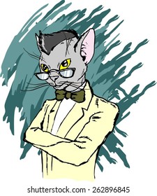 cartoon cat with glasses and suit illustration for t-shirts