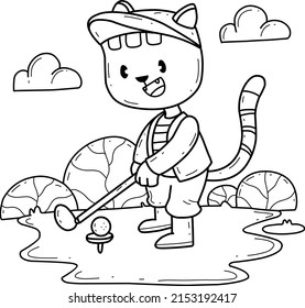 cartoon cat golf coloring book. Isolated on white background. 