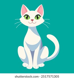 A cartoon cat with green eyes is sitting on a blue background. The cat has a happy expression on its face