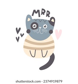 cartoon cat, hand drawing lettering. colorful vector flat style illustration for kids. baby design for cards, prints, posters, cover
