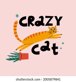 Cartoon cat. Hand drawn funny pet and lettering, yellow playful crazy kitten, domestic animals, sticker collection. Card, t-shirt or poster design, vector isolated illustration