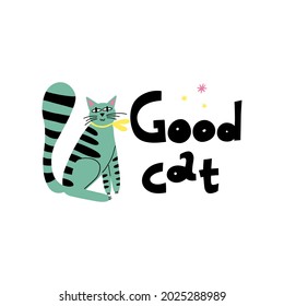 Cartoon cat. Hand drawn funny pet and lettering, yellow playful good kitten, domestic animals, sticker collection. Card, t-shirt or poster design, vector isolated illustration