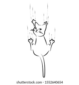Cartoon cat hanging on the wall or curtains. Simple drawing print for t-shirts
