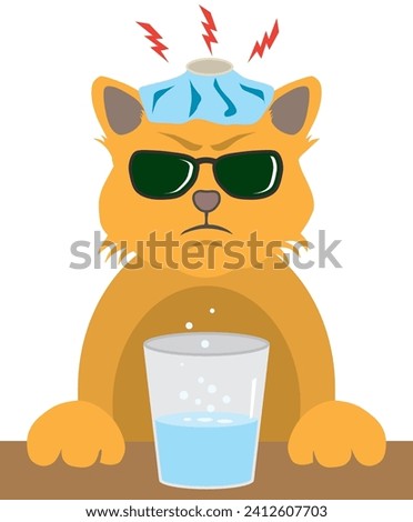 A cartoon cat with a hangover is trying different remedies