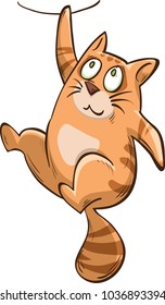 cartoon cat hangs, clutching its front paw at the rope