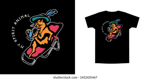 Cartoon cat in hat with cocktail on a deckchair in bright colors. Slogan - my spirit animal. Hand drawn cute doodle vector illustration. Print for trendy t shirt and apparel design, cards, stickers.