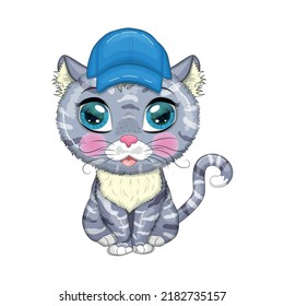 Cartoon cat in a hat with flowers. Summer, vacation. Cute child character, symbol of 2023 new chinese year.