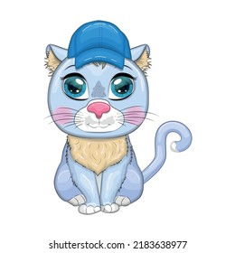 Cartoon cat in a hat with flowers. Summer, vacation. Cute child character, symbol of 2023 new chinese year.