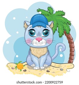 Cartoon cat in a hat with flowers. Summer, vacation. Cute child character, symbol of 2023 new chinese year