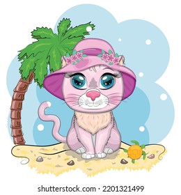 Un gato de caricatura con un sombrero florido. Verano, vacaciones. Carácter infantil lindo, símbolo del nuevo año chino 2023