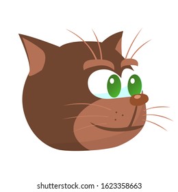 Cartoon cat head drawn. Sly malevolent facial expression. Vector humorous isolated illustration.