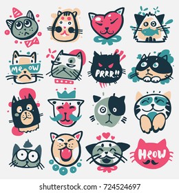Cartoon cat heads vector illustration cute animal funny characters face domestic pet