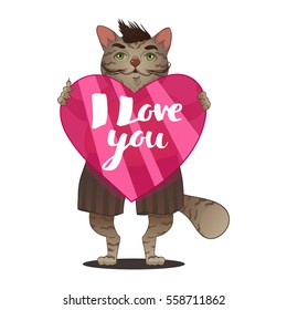 Cartoon cat with heart and quote I love you, isolated on white, vector illustration