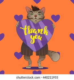 Cartoon cat with heart shape and quote thank you, vector illustration