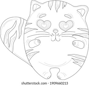 Cartoon cat with heart shaped eyes sketch template. St. valentine's day graphic vector illustration in black and white for game, background, pattern, decor. Coloring paper, page, children's story book