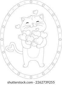 Cartoon cat with hearts in frame sketch template. St. valentine's day graphic vector illustration in black and white for games, background, pattern, decor. Coloring paper, page, children's story book.