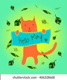 Cartoon cat with "Hello May" banner. Green leaves on polygonal blue background. Vector illustration.