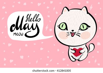 Cartoon cat with Hello May meow banner. background. Vector illustration. art