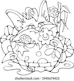 Cartoon cat hiding in big cup with plants, cute isolated black and white vector doodle illustration, coloring page for children coloring books, prints, cards or logo